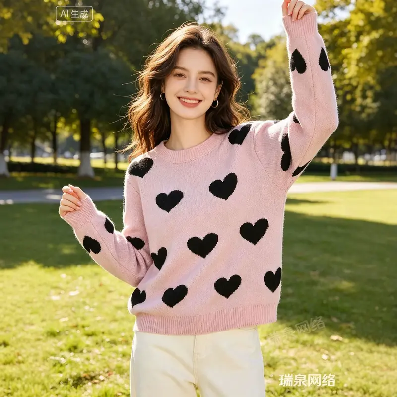 Damen Oversize-Strickpullover mit Herz‑Jacquard und Rundhalsausschnitt Drune
