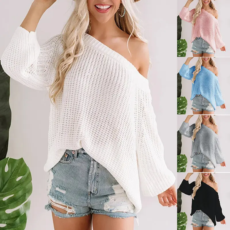 Damen Oversize Strickpullover mit Off-Shoulder Ajourmuster und weitem Saum Drune