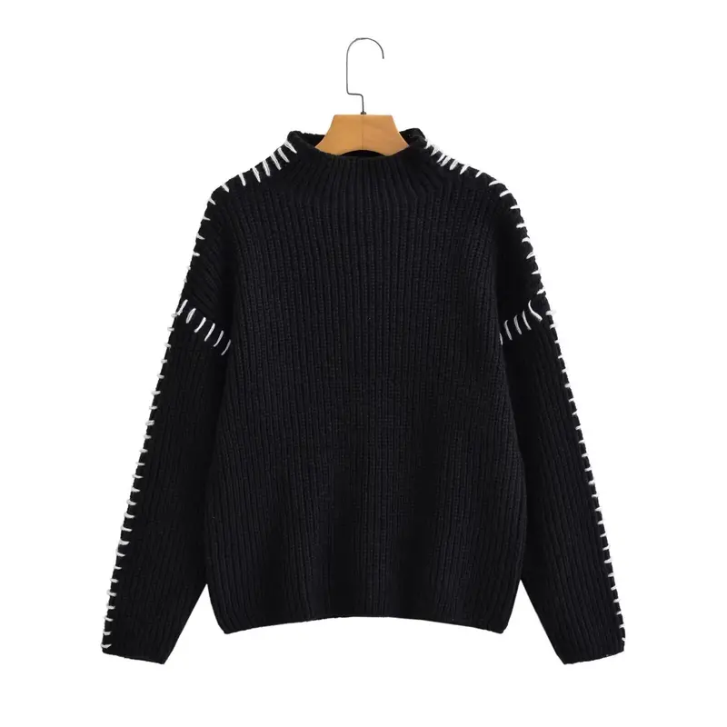 Damen Oversize-Strickpullover mit Stehkragen, Ballonärmeln und Ziernaht Drune