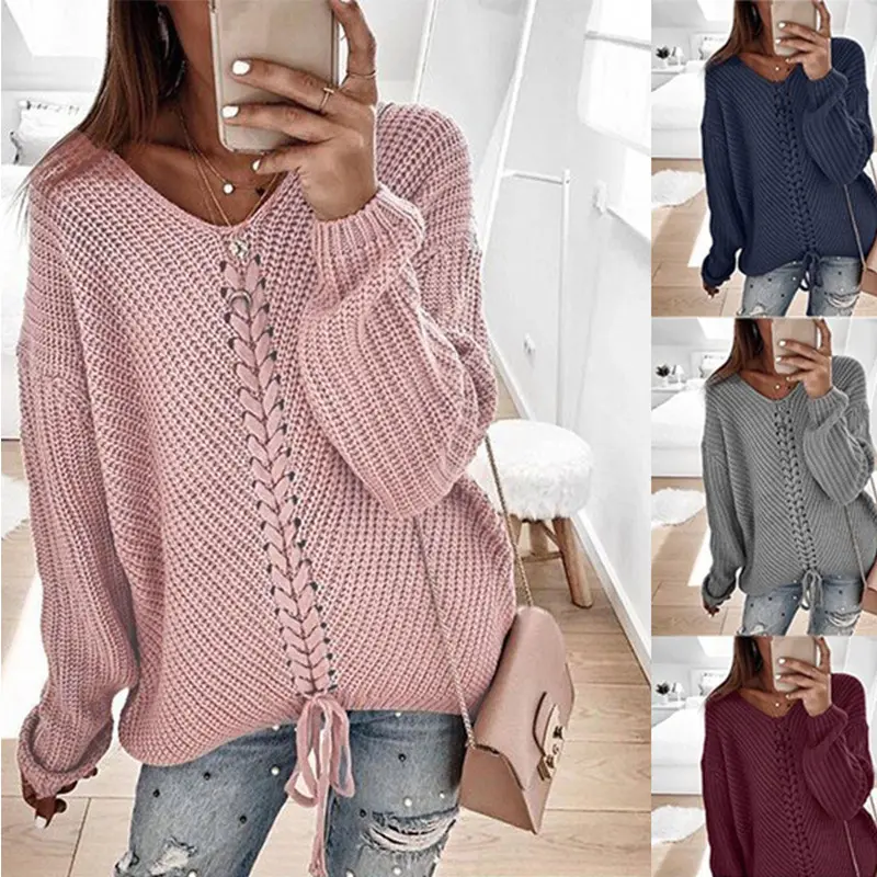Damen Oversize Strickpullover mit V-Ausschnitt, Zopfstrick und Schnürung Drune