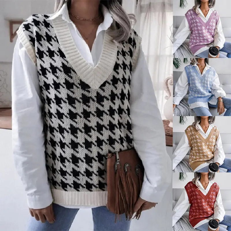 Damen Oversize Strickweste mit Hahnentritt-Muster und V-Ausschnitt Drune