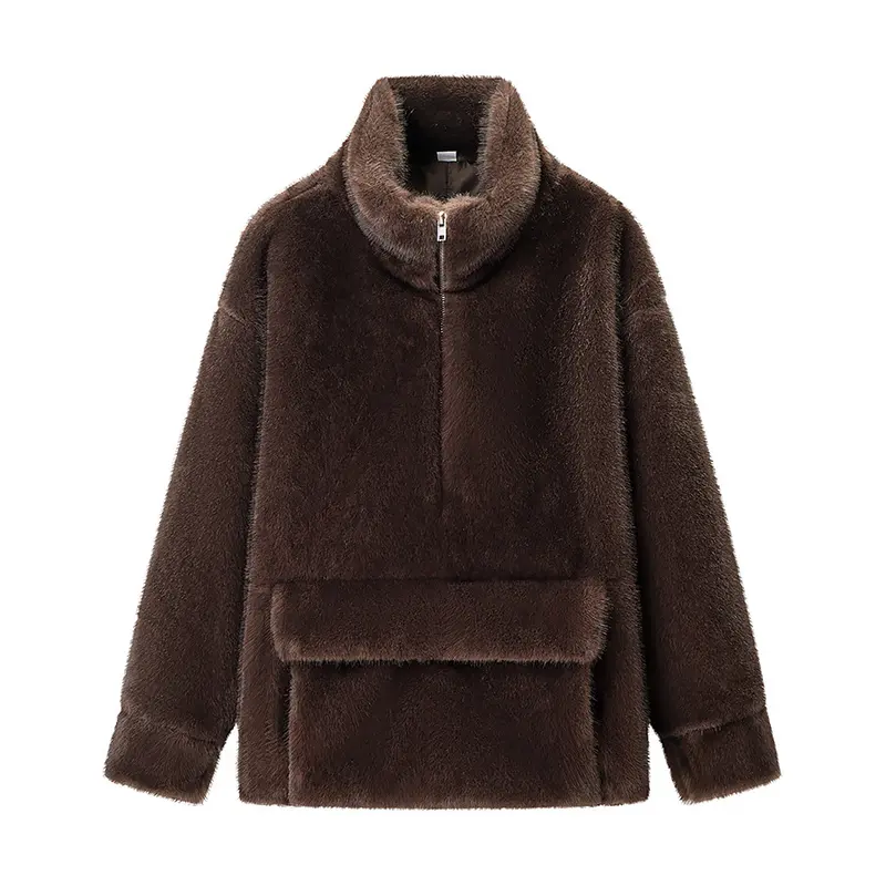 Damen Oversize Teddy-Fleece-Pullover mit halbem Reißverschluss und großer Klappentasche Drune