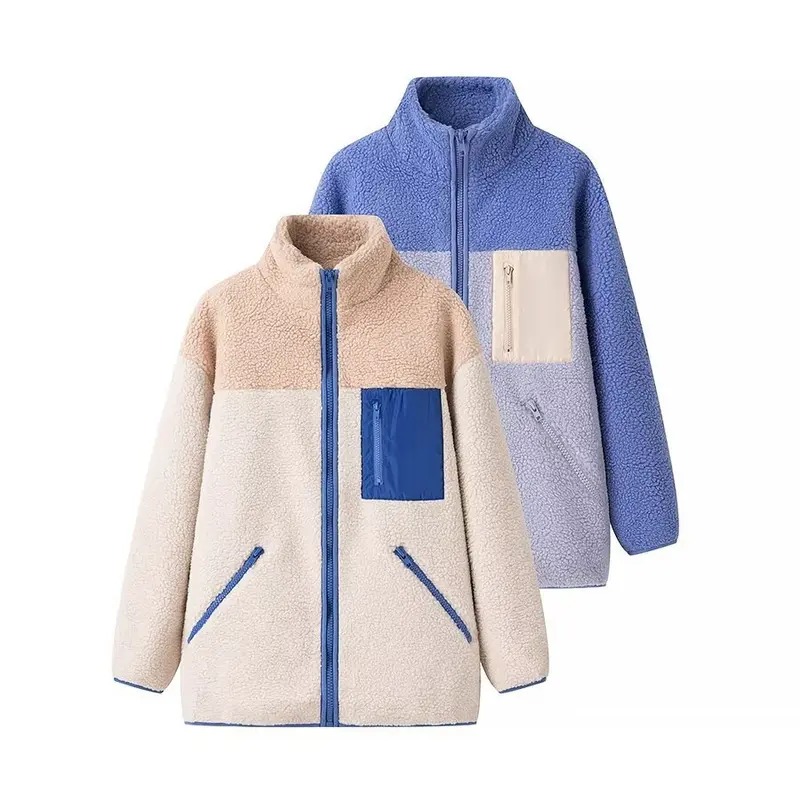 Damen Oversize Teddy‑Fleecejacke mit Farbblock, Stehkragen und Reißverschlusstaschen Drune