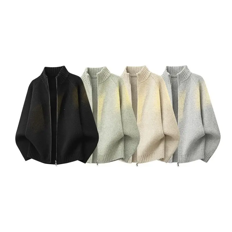 Damen Oversize Teddy-Strick-Cardigan mit Stehkragen, Rippsäumen & Zwei-Wege-Reißverschluss Drune