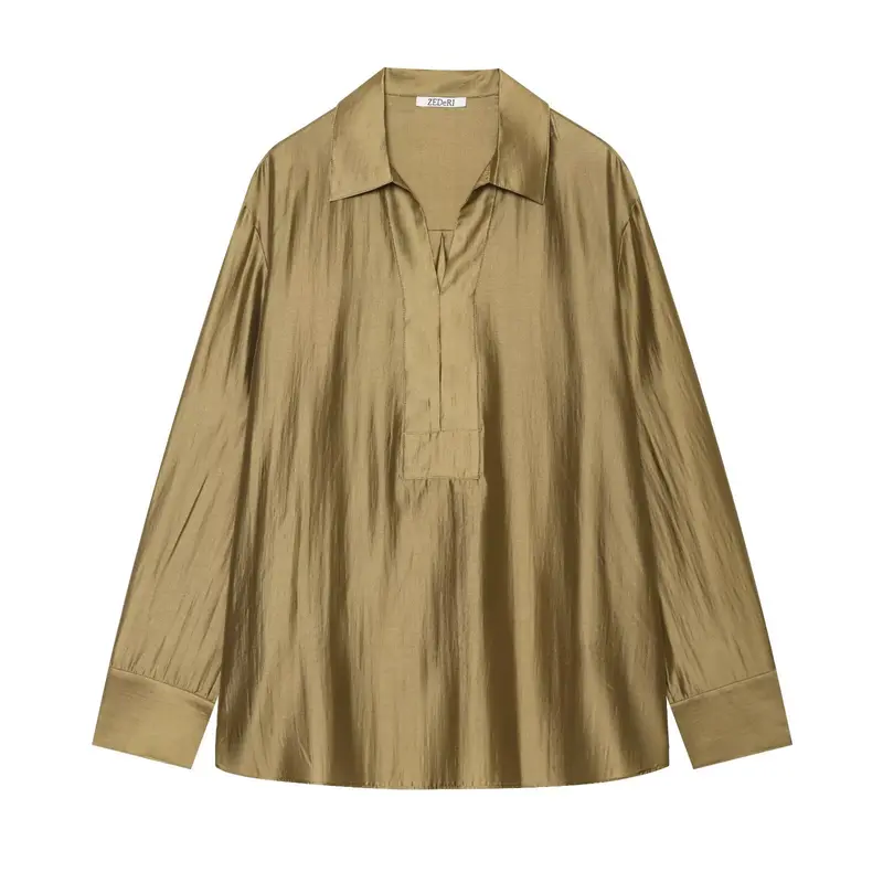 Damen Oversize Tunika Bluse aus schimmernder Crêpe‑Optik mit Hemdkragen und V‑Ausschnitt Drune