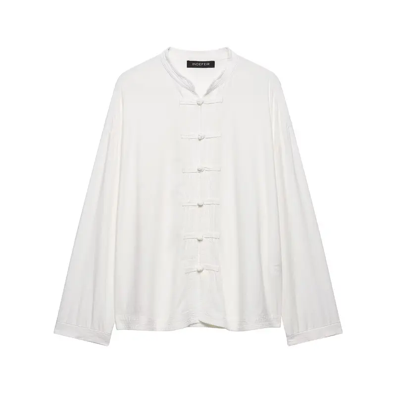 Damen Oversize Tunika‑Bluse im asiatisch inspirierten Stil mit Stehkragen und Zierknotenverschlüssen Drune