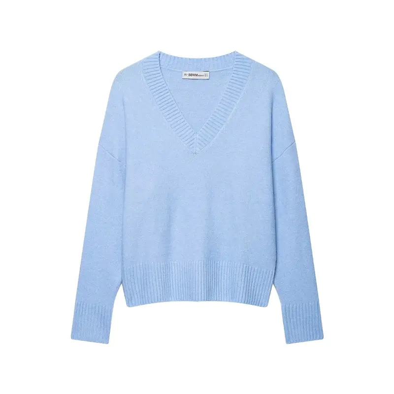 Damen Oversize V-Ausschnitt Strickpullover mit tiefem Fall und breitem Rippenbund Drune