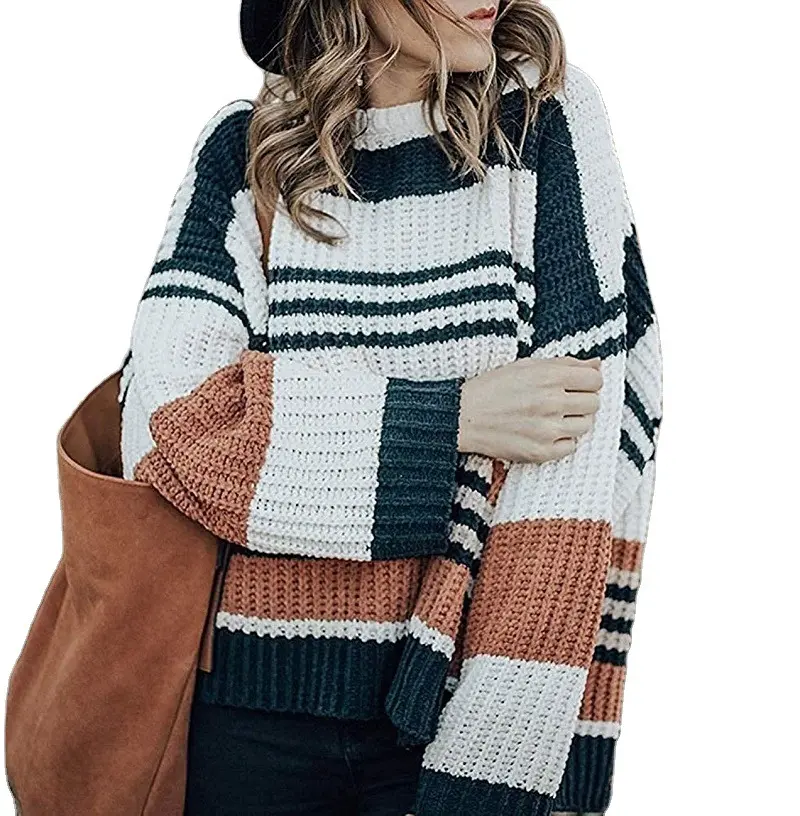 Damen Oversize Waffelstrick-Pullover mit Blockstreifen und überschnittenen Schultern Drune