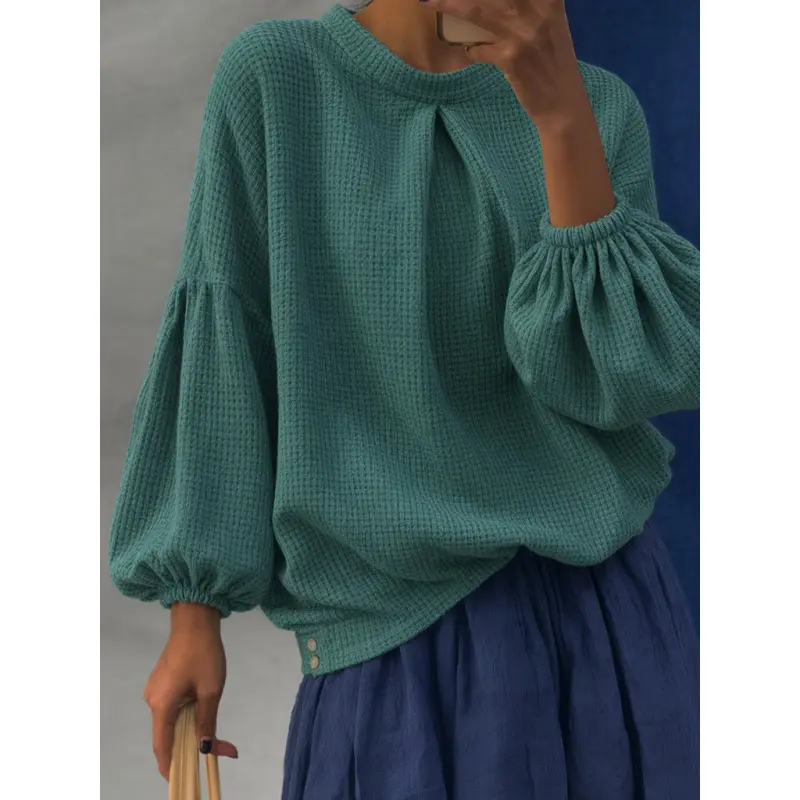 Damen Oversize Waffelstrickpullover mit Ballonärmeln und Kellerfalte Drune