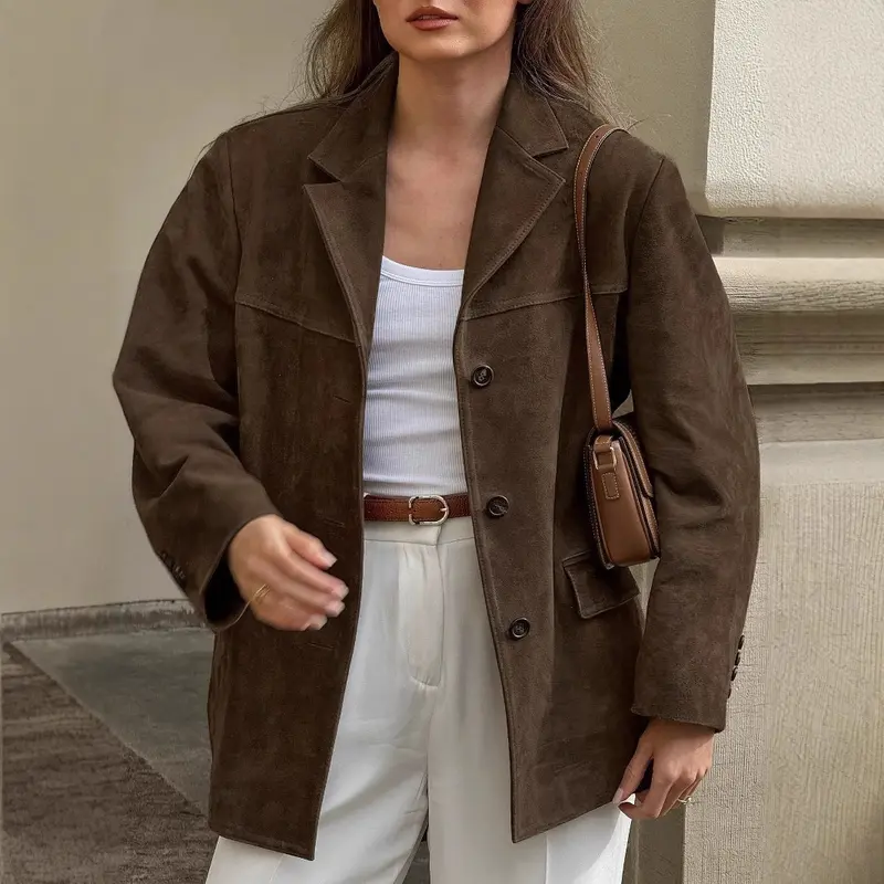 Damen Oversize Wildleder‑Blazer mit Reverskragen und Pattentaschen Drune