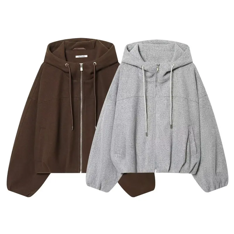 Damen Oversize-Wollmix-Kapuzenjacke mit Reißverschluss und Tunnelzug Drune
