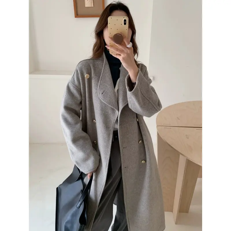 Damen Oversize Wollmix-Mantel mit doppelreihiger Knopfleiste, Stehkragen und überschnittener Schulter Drune