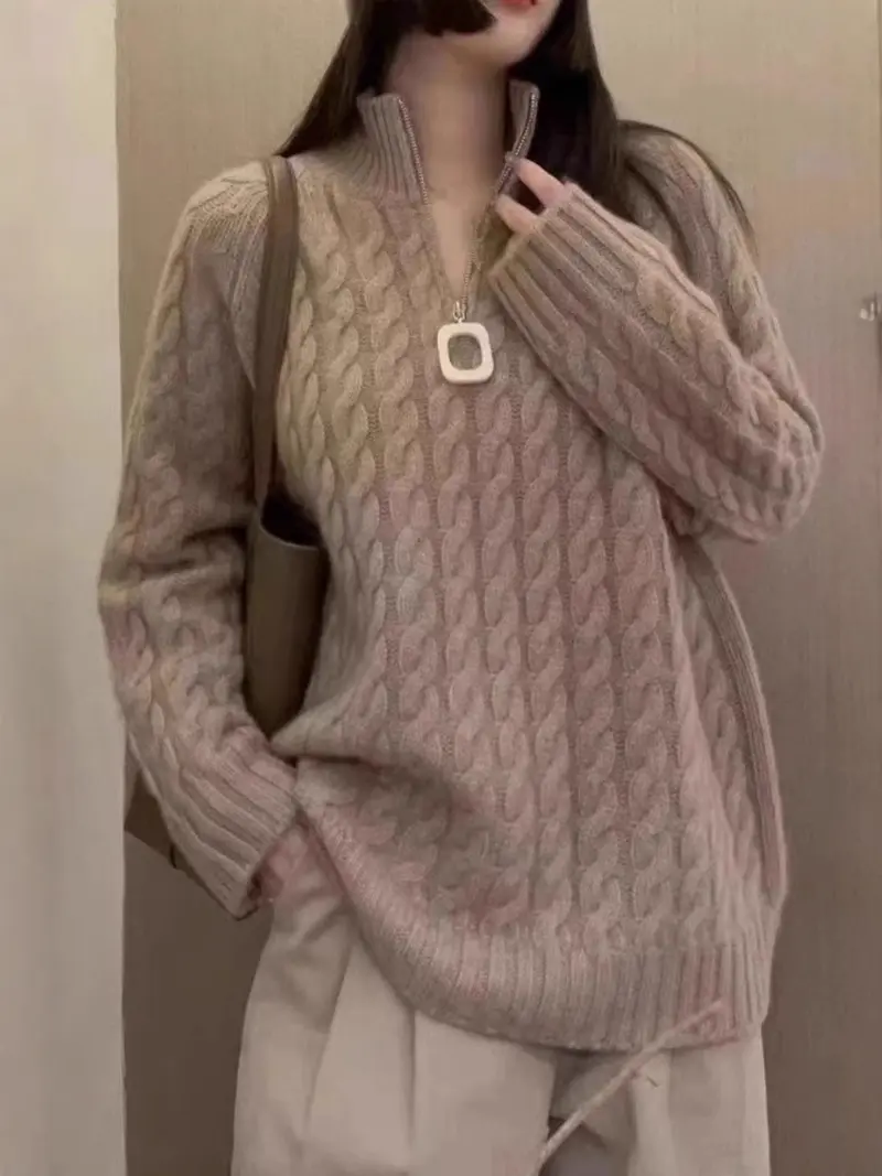 Damen Oversize Zopfmuster-Feinstrickpullover mit halbem Zipper und Stehkragen Drune