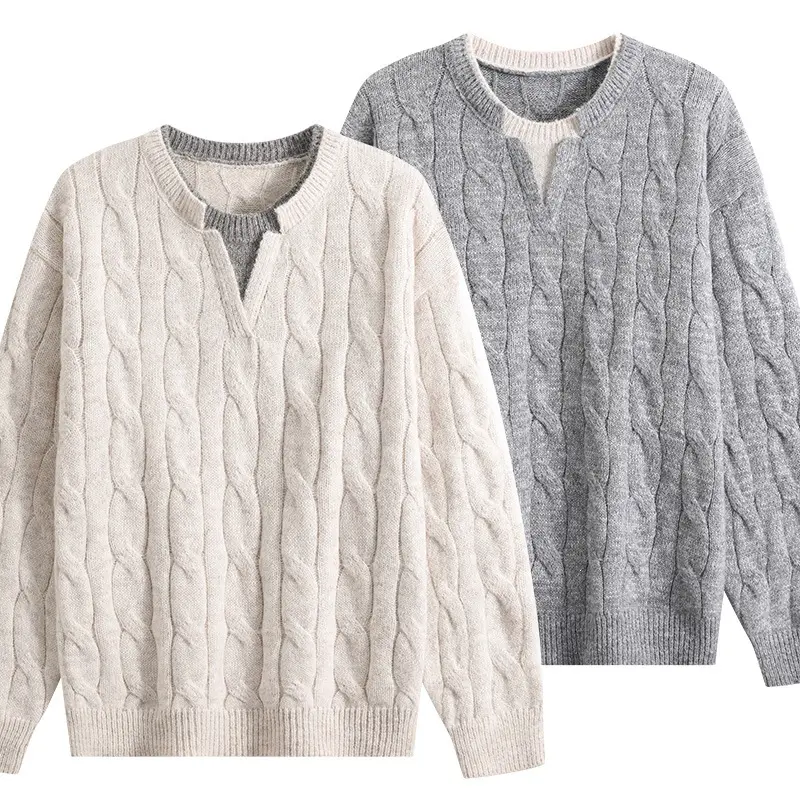 Damen Oversize Zopfmuster-Pullover mit V‑Schlitzkragen Drune