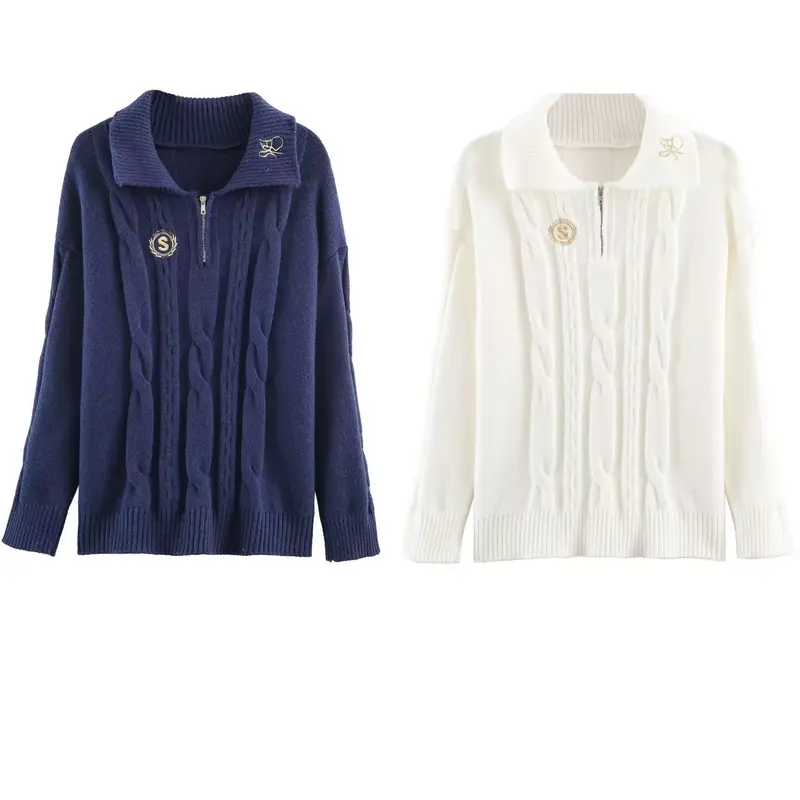 Damen Oversize Zopfstrick-Pullover mit halbem Reißverschluss und Schalkragen Drune