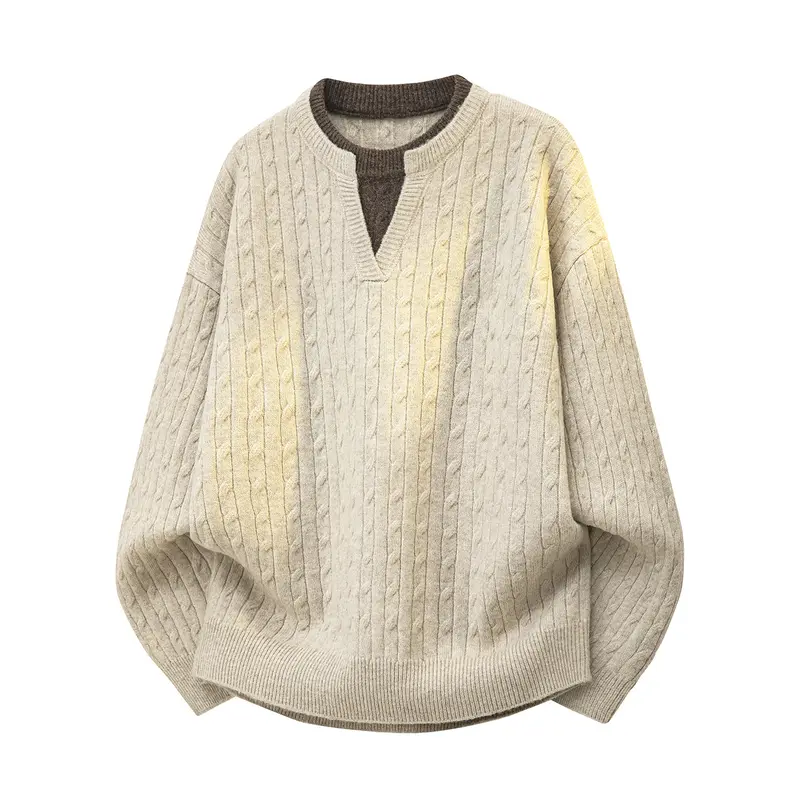 Damen Oversize Zopfstrick-Pullover mit V‑Ausschnitt und Lagenkragen Drune