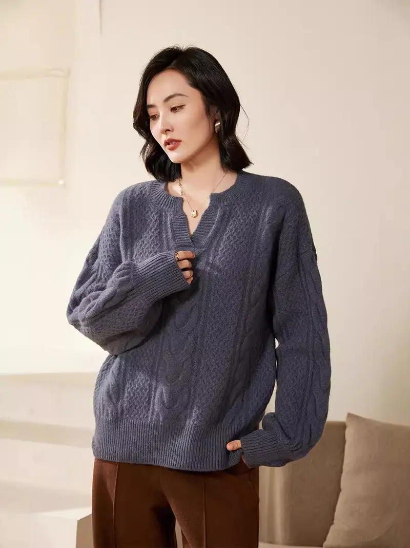 Damen Oversize Zopfstrick-Pullover mit V‑Einsatz und kaschmirähnlicher Weichheit Drune