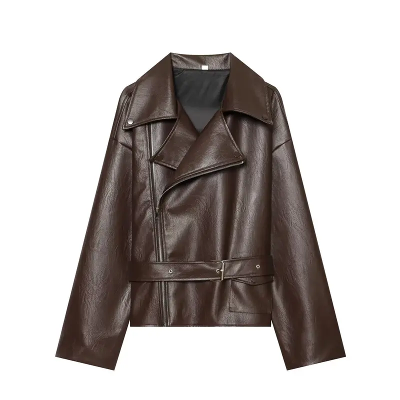 Damen Oversized Bikerjacke aus Kunstleder mit taillierendem Gürtel und asymmetrischem Reißverschluss Drune