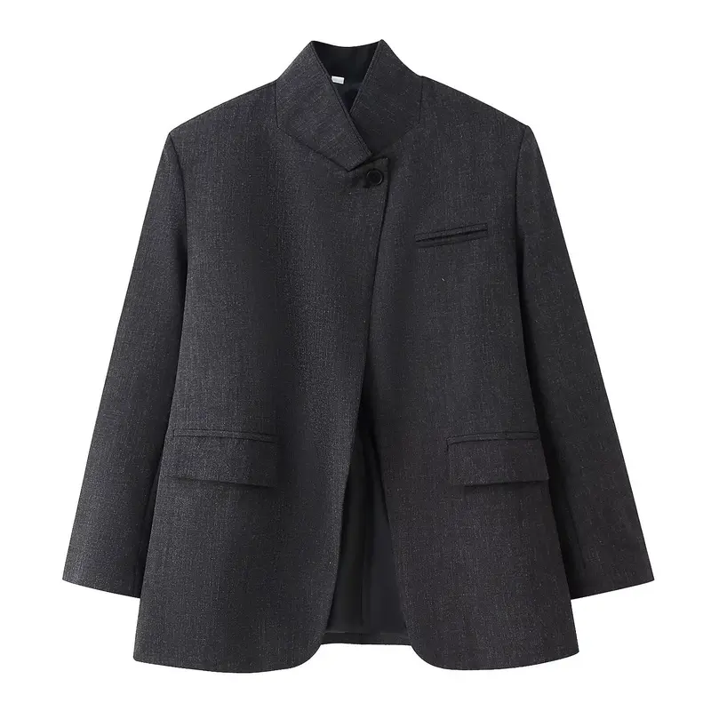 Damen Oversized-Blazer im Boxy-Schnitt mit asymmetrischem Stehkragen und verdeckter Knopfleiste Drune