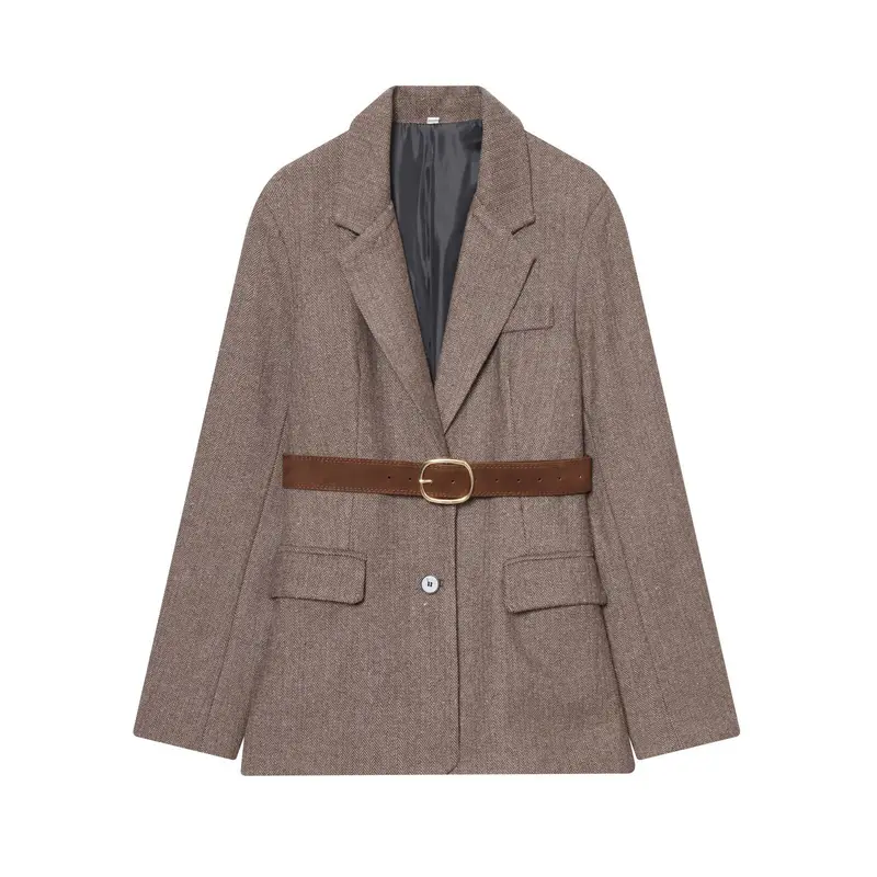Damen Oversized Blazer-Mantel im Fischgrätmuster mit Taillengürtel Drune