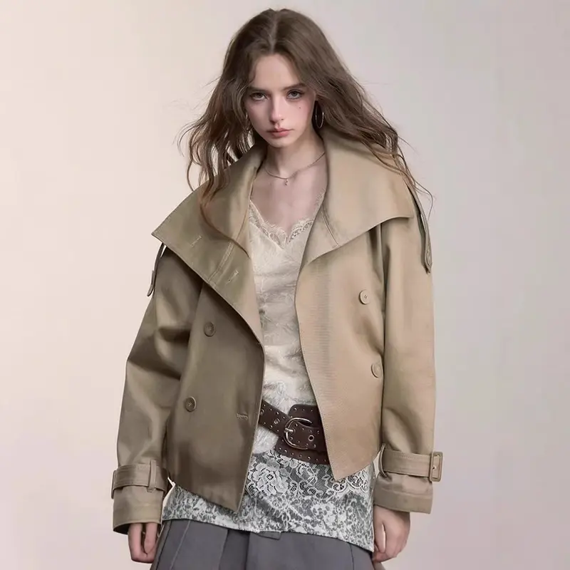 Damen Oversized Doppelreihige Trench-Bomberjacke mit hohem Stehkragen Drune