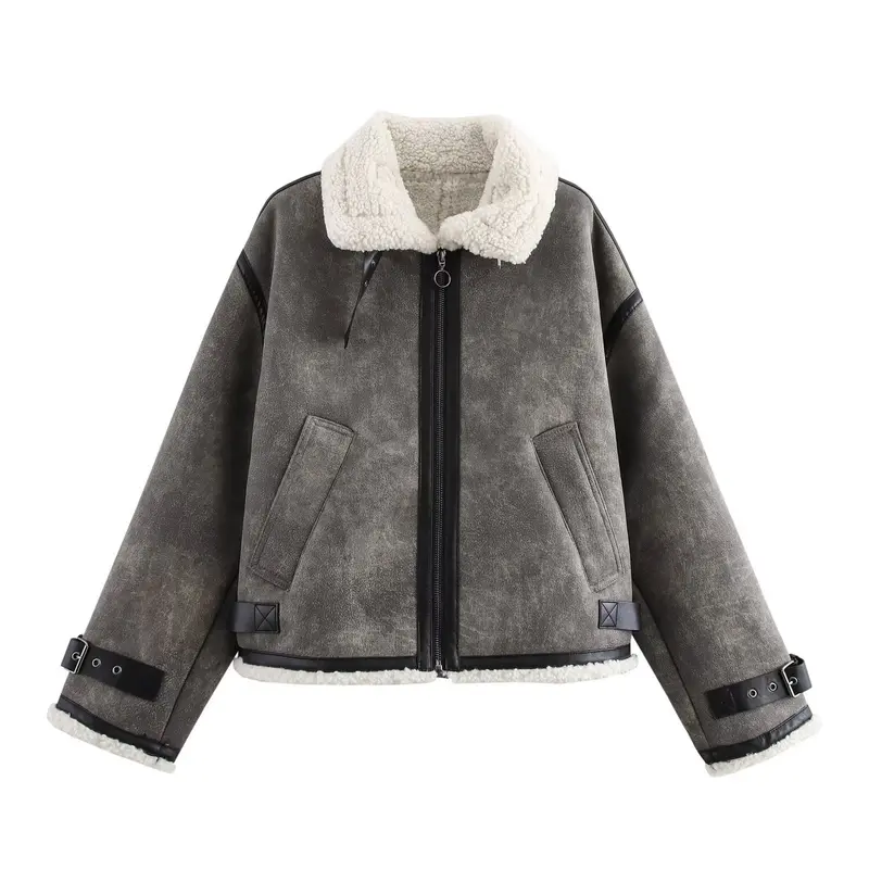 Damen Oversized Fliegerjacke mit Teddyfutter, Kunstlederbesatz und Schnallen Drune