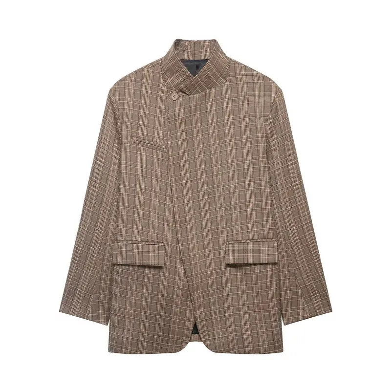 Damen Oversized Glencheck-Blazer mit Stehkragen und asymmetrischer Knopfleiste Drune