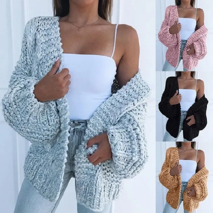 Damen Oversized Grobstrick-Cardigan mit Balloon-Ärmeln und offener Front Drune