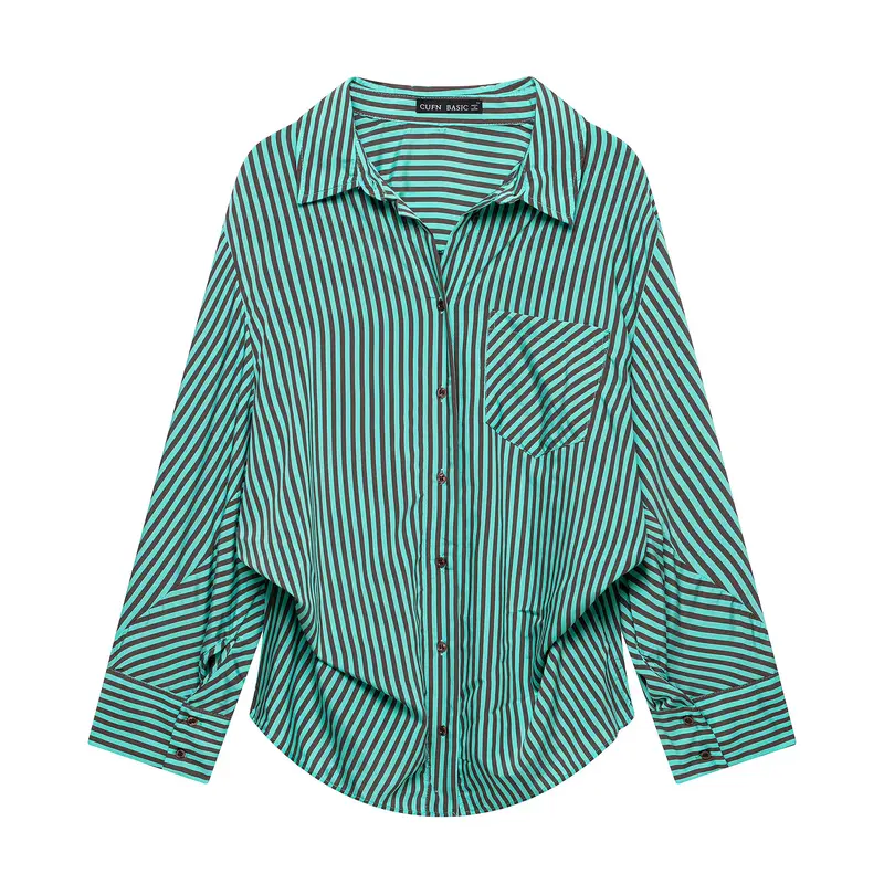 Damen Oversized-Hemdbluse mit diagonalen Streifen, Brusttasche und Rundsaum Drune