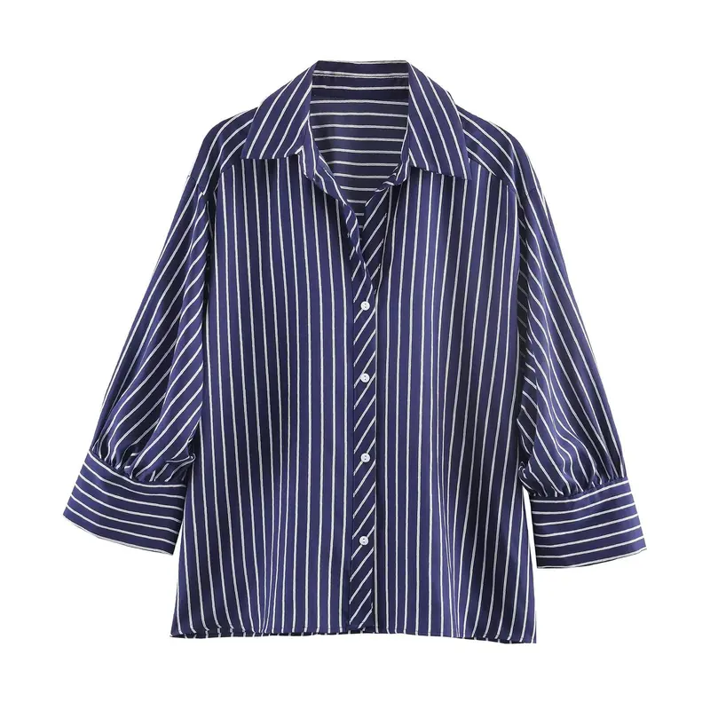 Damen Oversized Hemdbluse mit vertikalen Streifen, Ballonärmeln und breiten Manschetten Drune