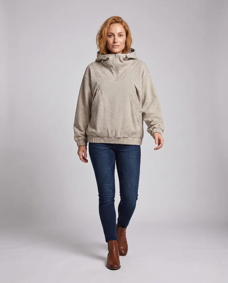 Damen Oversized-Hoodie mit halbem Reißverschluss, kariert gefütterter Kapuze, winddichter Innenlage und aufgesetzten Druckknopftaschen