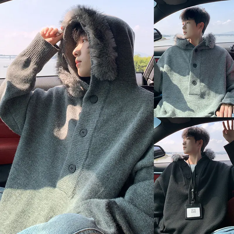 Damen Oversized Hoodie mit Kapuze und Fellrand Drune