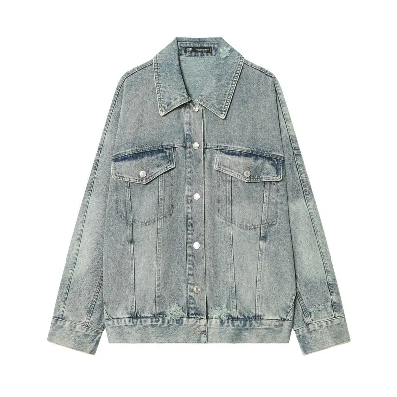 Damen Oversized Jeansjacke im Vintage‑Washed‑Look mit Brustklappentaschen Drune