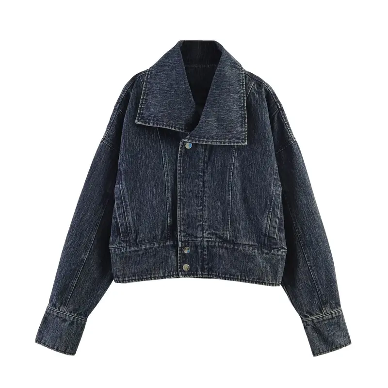 Damen Oversized-Jeansjacke mit großem Schalkragen und Used-Effekt Drune