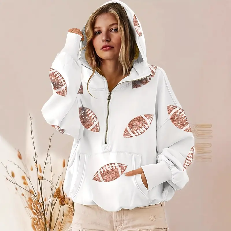 Damen Oversized Kapuzenpullover mit halbem Reißverschluss und Pailletten‑Football-Applikation Drune