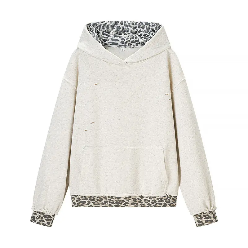 Damen Oversized Kapuzenpullover mit Leoprint-Futter und Destroy-Details Drune