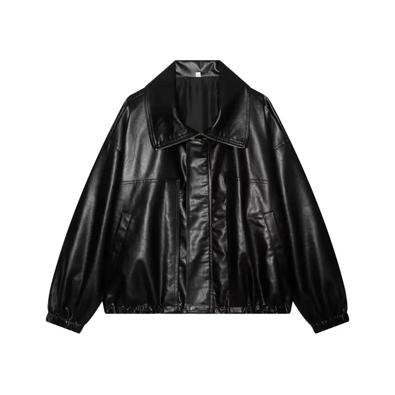 Damen Oversized Kunstleder-Bomberjacke mit breitem Reverskragen und elastischem Saum Drune