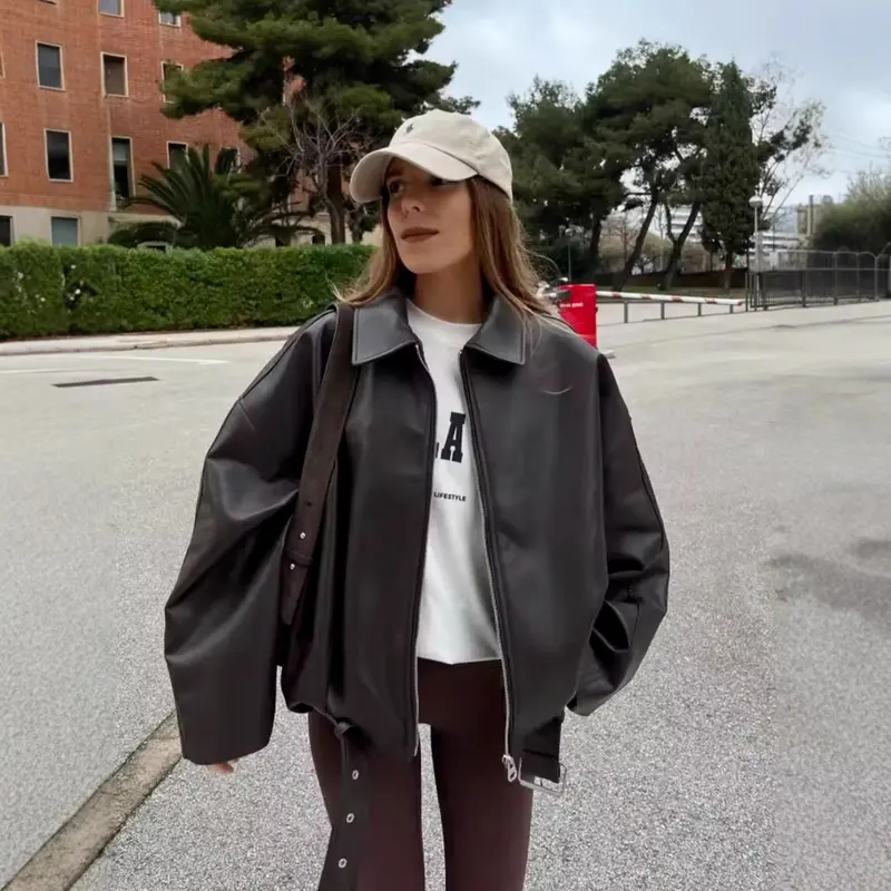 Damen Oversized Kunstleder-Bomberjacke mit Gürtel und Hemdkragen Drune
