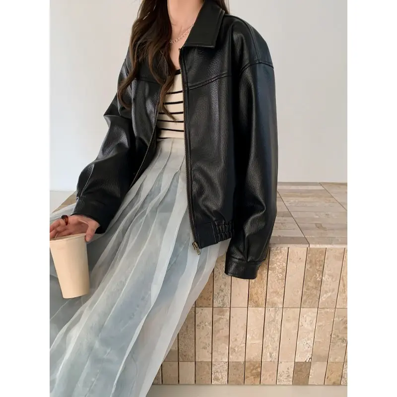 Damen Oversized Kunstleder Bomberjacke mit Reißverschluss Drune
