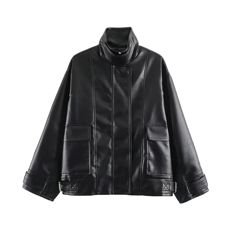 Damen Oversized Kunstleder-Fieldjacke mit hohem Stehkragen und aufgesetzten Pattentaschen Drune