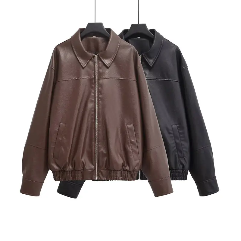 Damen Oversized Kunstlederjacke mit Hemdkragen, durchgehendem Reißverschluss und elastischem Saum Drune