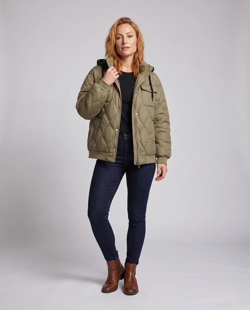 Damen oversized kurze Jacke mit Diamantsteppung, Stehkragen und Klappentaschen