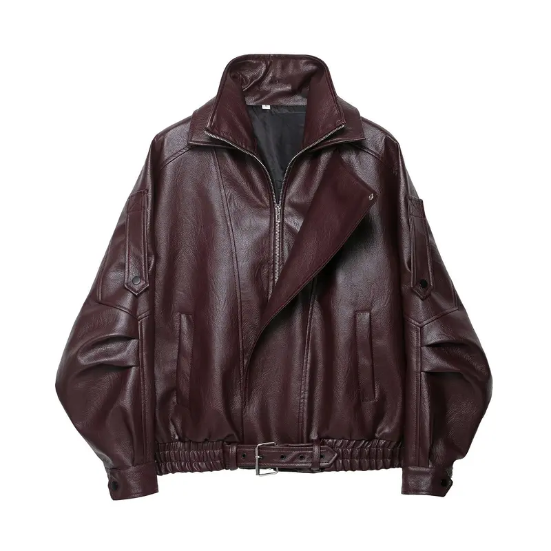 Damen Oversized Lederjacke im Bomberstil mit Taillengürtel Drune
