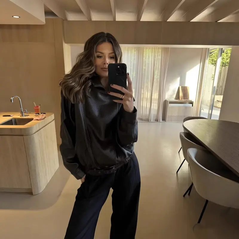 Damen Oversized Lederjacke mit asymmetrischem Reißverschluss und breitem Kragen Drune