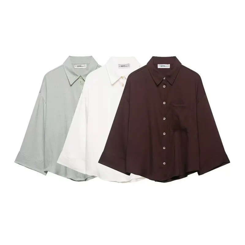Damen Oversized Leinenoptik-Hemdbluse mit weiten Dreiviertelärmeln und Brusttasche Drune