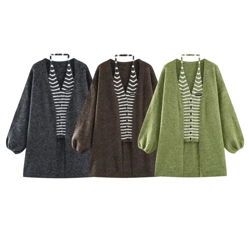 Damen Oversized Mohairoptik-Cardigan mit Ballonärmeln und gestreiftem Einsatz Drune