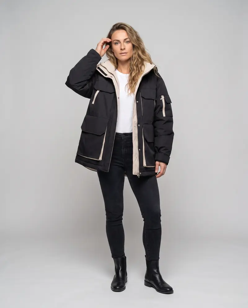 Damen Oversized Parka mit abnehmbarer gesteppter Innenweste, hohem Kragen und großen Klappentaschen