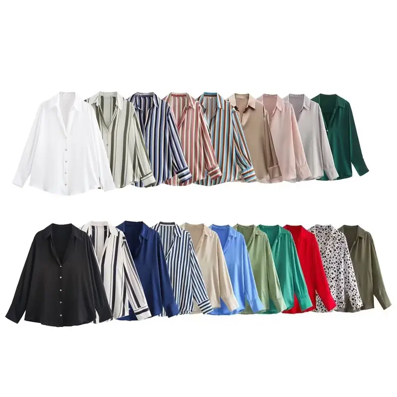 Damen Oversized Satinbluse mit Hemdkragen und breiten Manschetten Drune