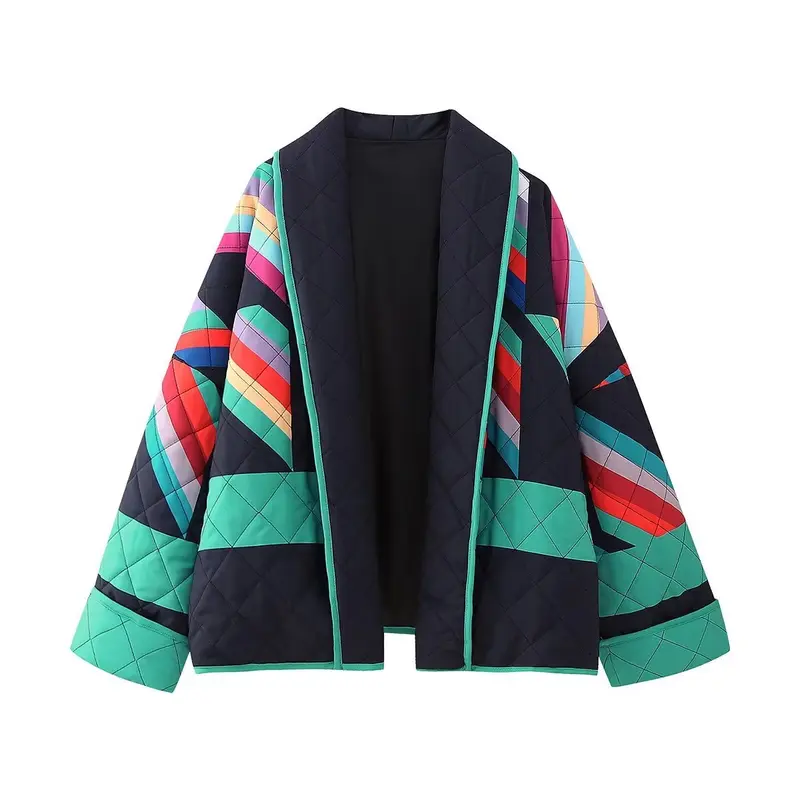 Damen Oversized Stepp-Kimonojacke mit geometrischem Farbblock-Print und weitem Ärmelschnitt Drune