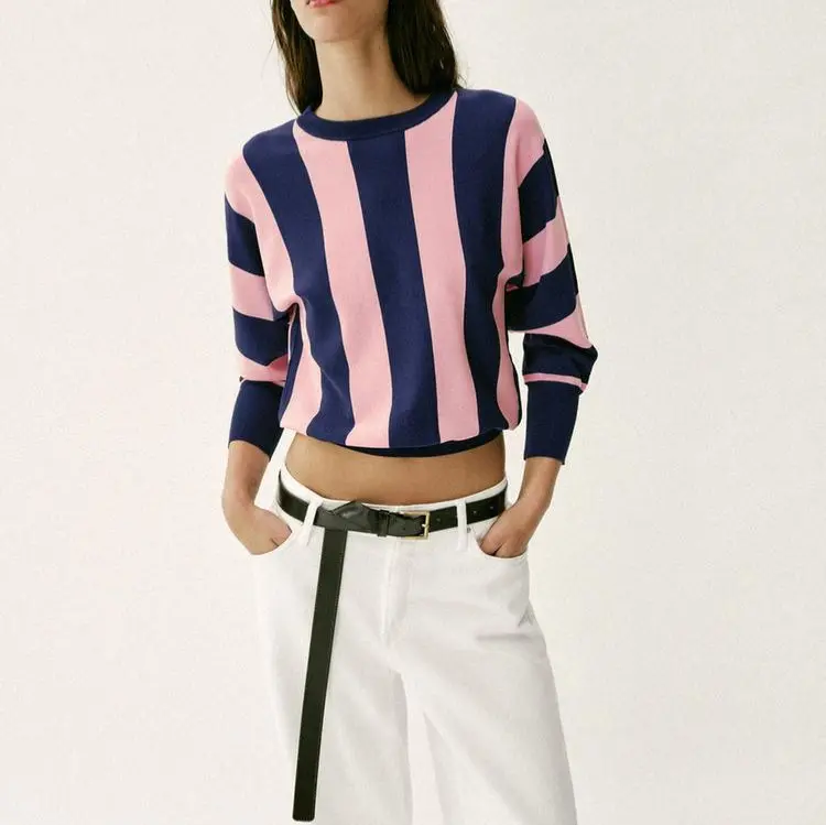 Damen Oversized Strickpullover mit breiten Streifen, Rundhalsausschnitt und verlängerten Rippärmeln Drune